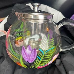 Floral hand painted Glass Teapot with diffuser and Silver Lid